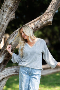 V-Neck Top with Lace Trim, Grey