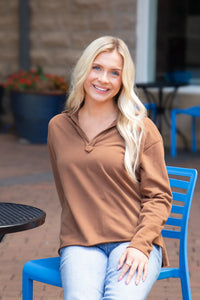 V-Neck Collared Pullover, Brown
