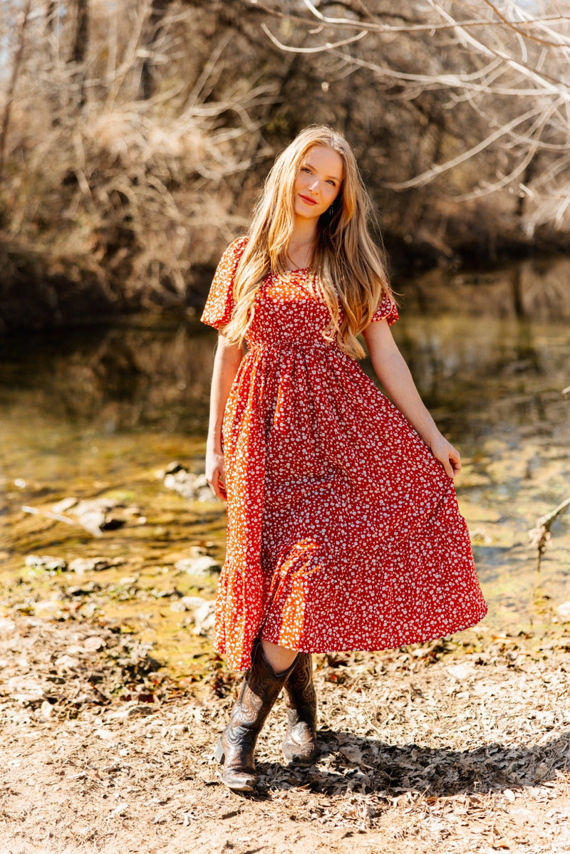 Puff Sleeve Midi Dress, Red Floral