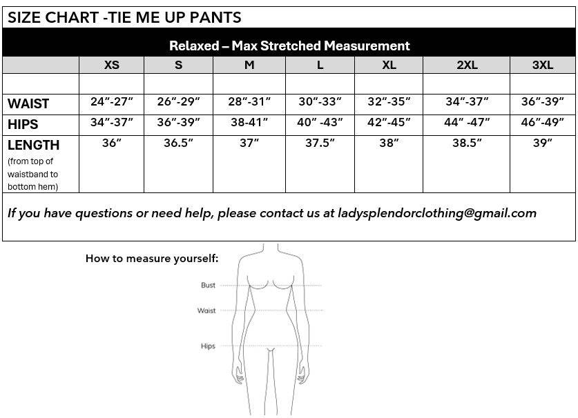 LadySplendorClothing Tie Me Up Pants size chart showing fit details and measurements for this stylish pants.