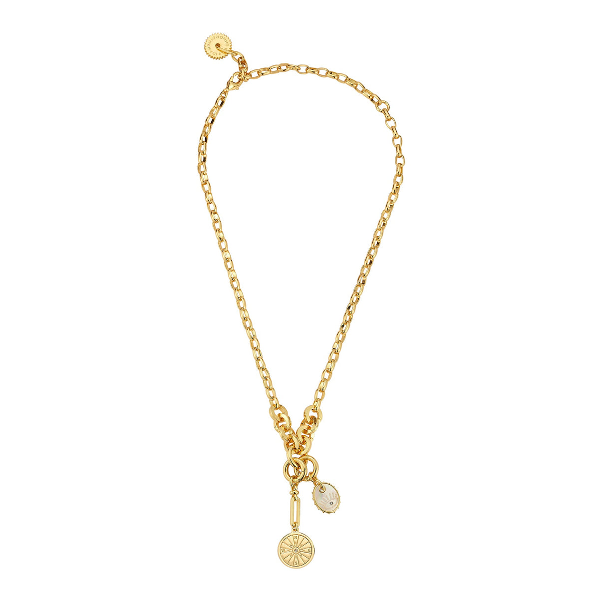 Gold Voyager Necklace by Mignonne Gavigan featuring layered chain design and delicate pendant on a neutral background.