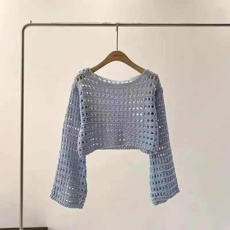 LORNEA women's long sleeve crochet knit top, beach bikini cover-up, summer boho blouse, lightweight wool knitwear, vacation outfit
