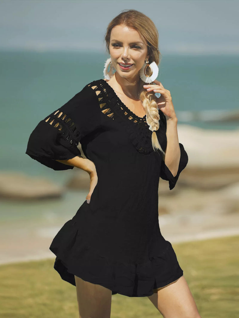 Crochet V-neck beach cover-up dress by Trendsi featuring a lightweight, semi-sheer design perfect for beachwear or poolside.