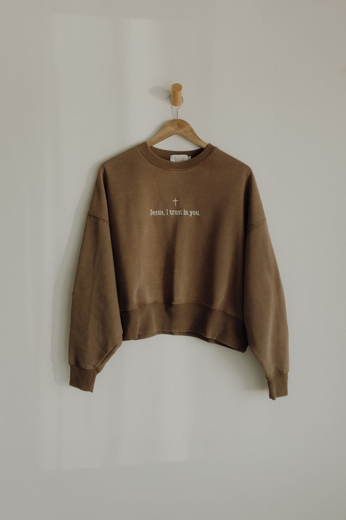 Cropped crew neck t-shirt featuring the phrase "Jesus, I Trust in You" in black lettering, from Abundantly Yours Shop.