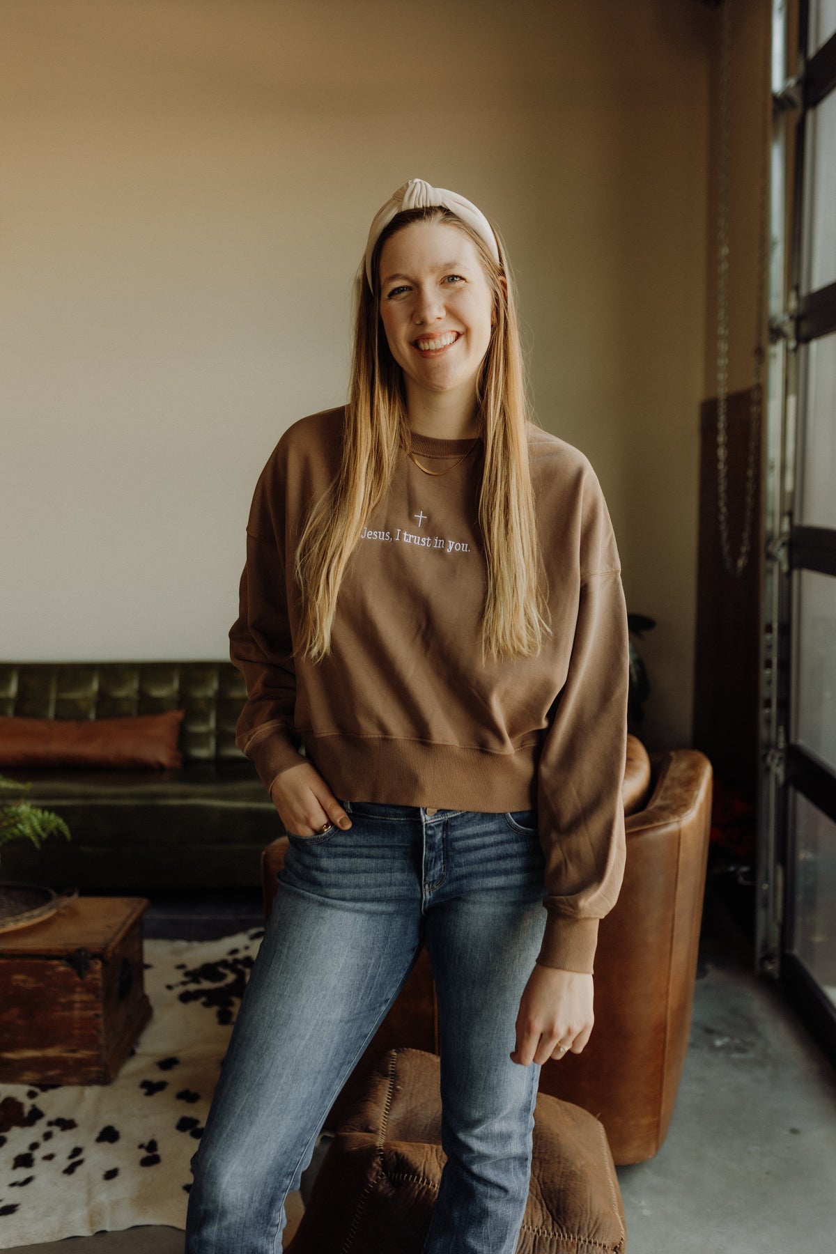 Cropped crew neck t-shirt featuring a religious Jesus I Trust in You design by Abundantly Yours Shop