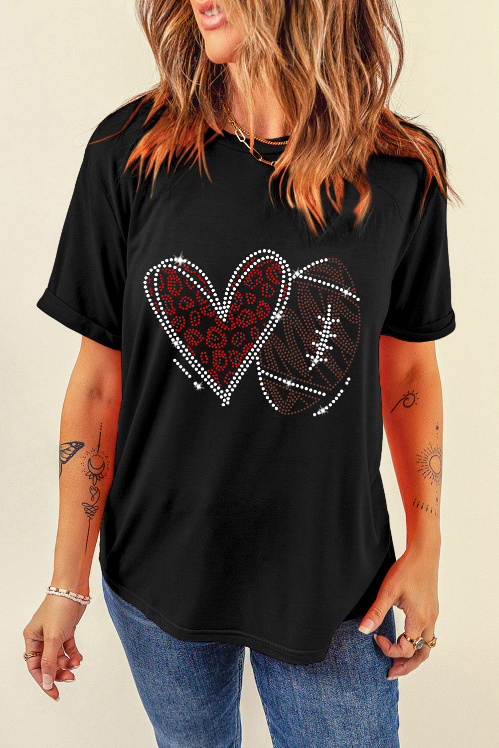 Black Rhinestone Love Football T-Shirt by Adelyne's Boutique featuring a glittery football and love design on soft fabric.