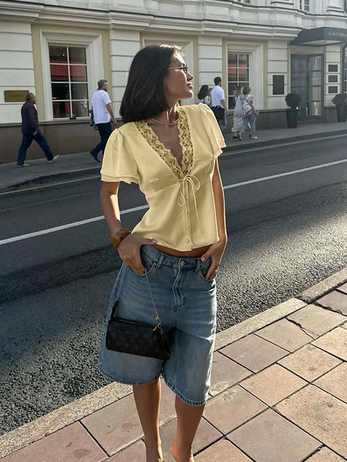 LORNEA Ahagaga women's casual satin lace top with short sleeves, slim fit, button details, and elegant streetwear style.