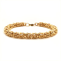 14K gold fill Byzantine chainmaille bracelet with intricate woven pattern, featuring a secure clasp and elegant design.