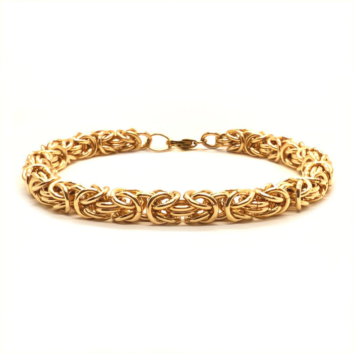 14K gold fill Byzantine chainmaille bracelet with intricate woven pattern, featuring a secure clasp and elegant design.