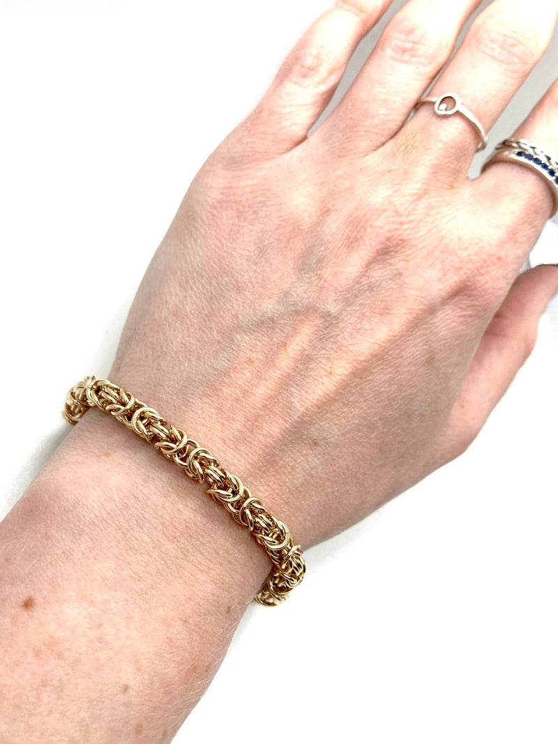 14K gold fill Byzantine chainmaille bracelet by Alison Morse, showcasing intricate woven links and a polished finish.
