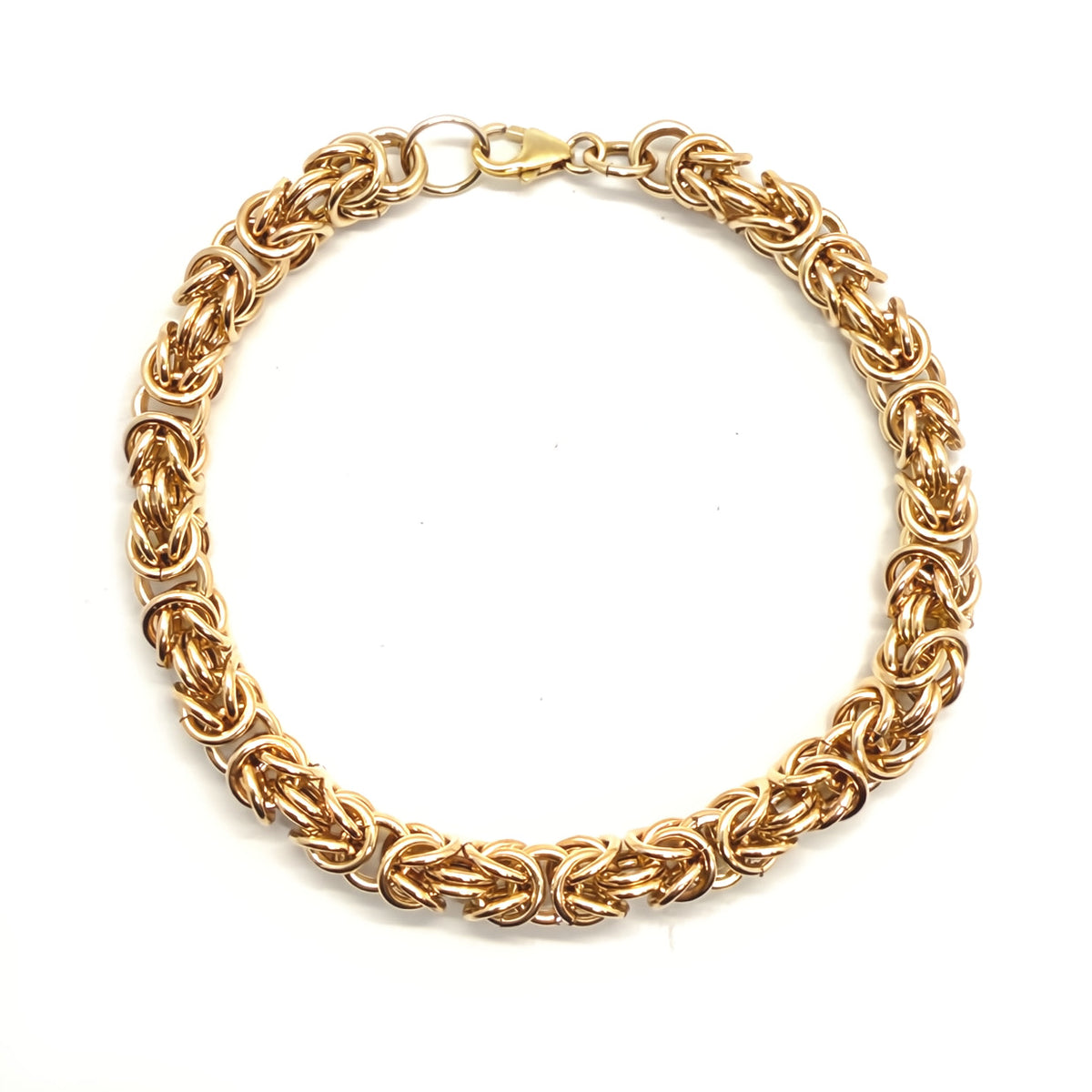 14K gold fill Byzantine chainmaille bracelet with lobster claw clasp, featuring intricate linked metalwork and elegant craftsmanship.