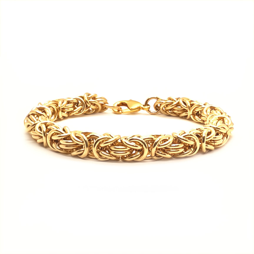 14K gold fill Byzantine chainmaille bracelet with chunky links, designed by Alison Morse, displayed on a neutral background.