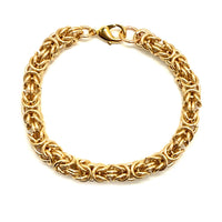 14K gold fill Byzantine chainmaille bracelet with chunky links and lobster claw clasp, styled as a jewelry accessory.