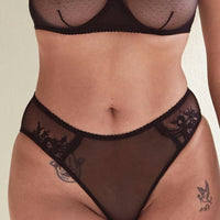 Amour d'Agnette Kim stretch lace and mesh hipster brief with floral lace details and comfortable fit, shown on a white background.