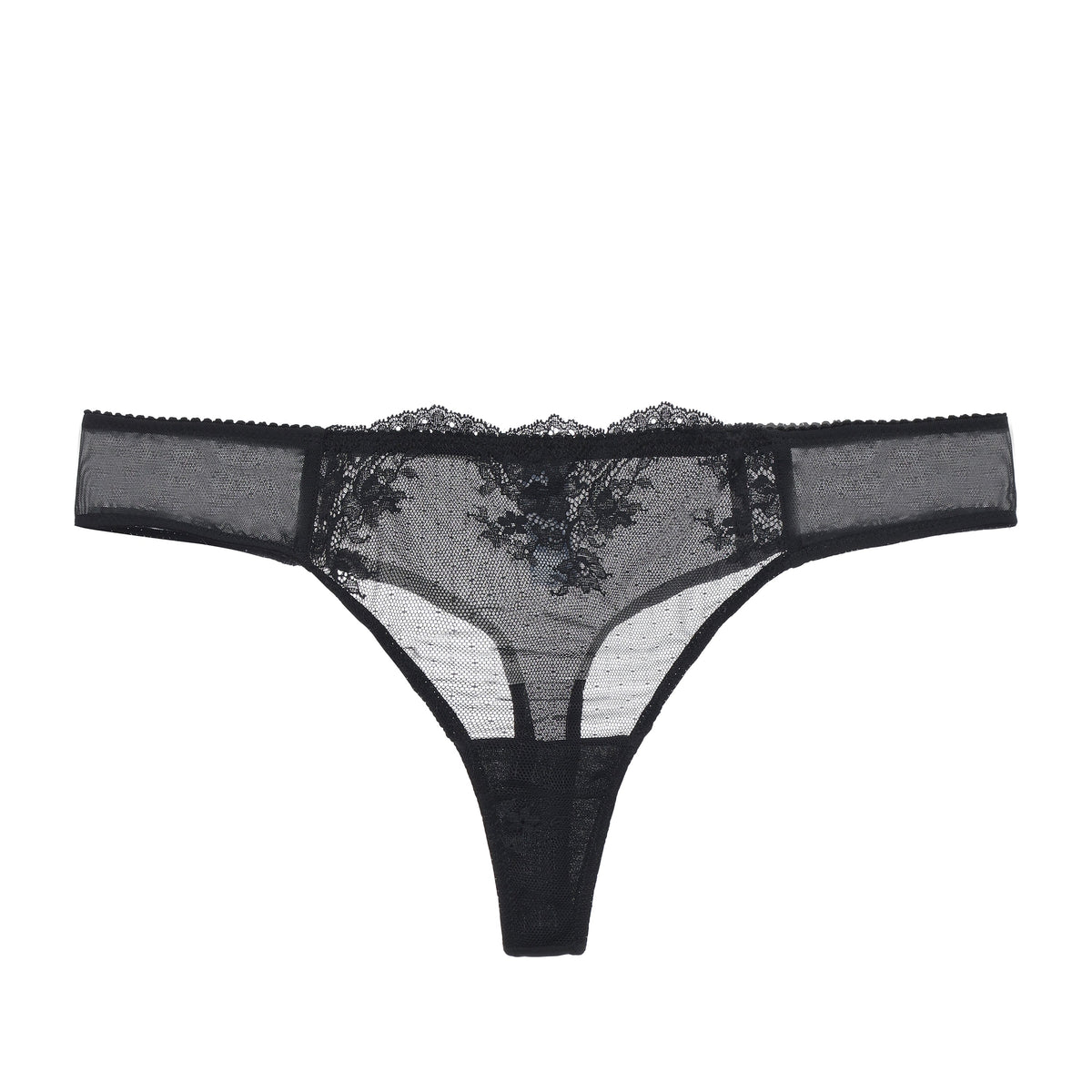 Amour d'Agnette Kim stretch lace and mesh thong, low-rise bottom with delicate lace detailing and sheer mesh fabric.