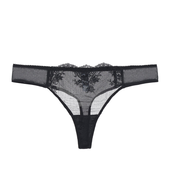 Amour d'Agnette Kim stretch lace and mesh thong, low-rise bottom with delicate lace detailing and sheer mesh fabric.