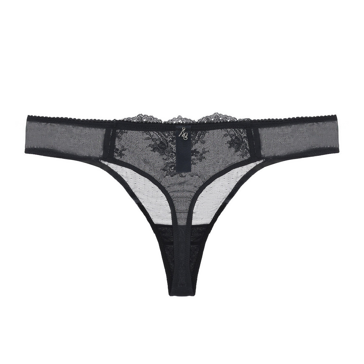 Kim stretch lace and mesh thong by Amour d'Agnette, featuring delicate lace and sheer mesh fabric, displayed on a neutral background.