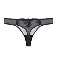 Kim stretch lace and mesh thong by Amour d'Agnette, featuring delicate lace and sheer mesh fabric, displayed on a neutral background.