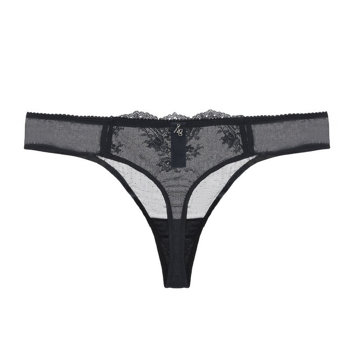 Kim stretch lace and mesh thong by Amour d'Agnette, featuring delicate lace and sheer mesh fabric, displayed on a neutral background.