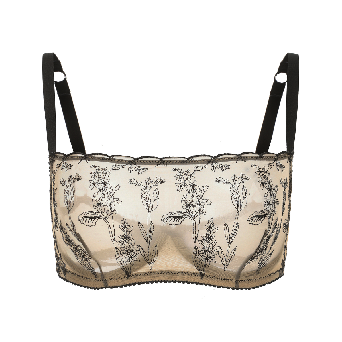 Amour d'Agnette Kim high neck floral embroidered underwire bra on shiny jelly fabric, showing detailed embroidery and supportive design.
