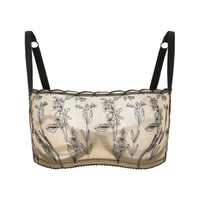 Amour d'Agnette Kim high neck floral embroidered underwire bra on shiny jelly fabric, showing detailed embroidery and supportive design.