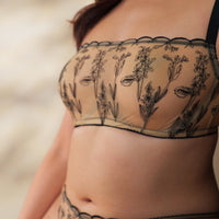Amour d'Agnette Kim high neck floral embroidered underwire bra on jelly fabric, featuring intricate floral embroidery and supportive design.