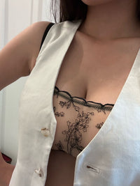 Amour d'Agnette Kim high neck floral embroidered underwire bra on transparent jelly fabric, showcasing intricate flower details.