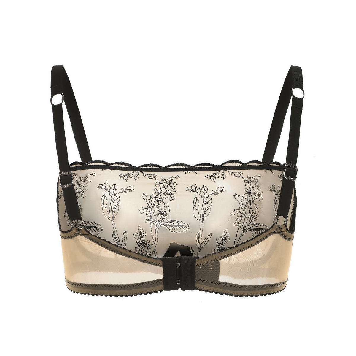 Amour d'Agnette Kim high neck floral embroidered underwire bra on jelly fabric, showcasing detailed embroidery and supportive design.