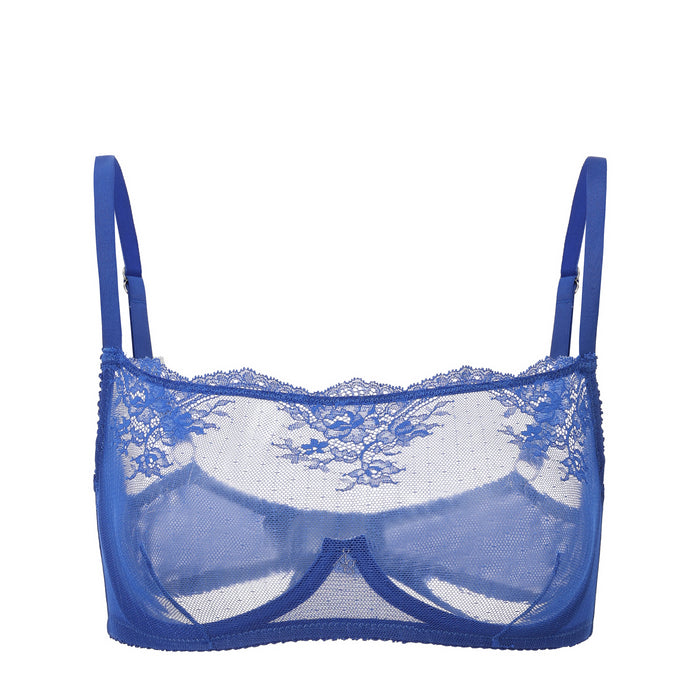 Amour d'Agnette sapphire Kim high-neck sheer lace underwire bra with intricate lace details and supportive structure.