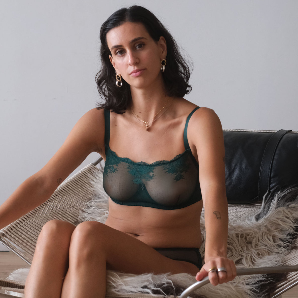 Amour d'Agnette Kim high neck sheer lace underwire bra in sapphire, featuring delicate lace and supportive underwire design.
