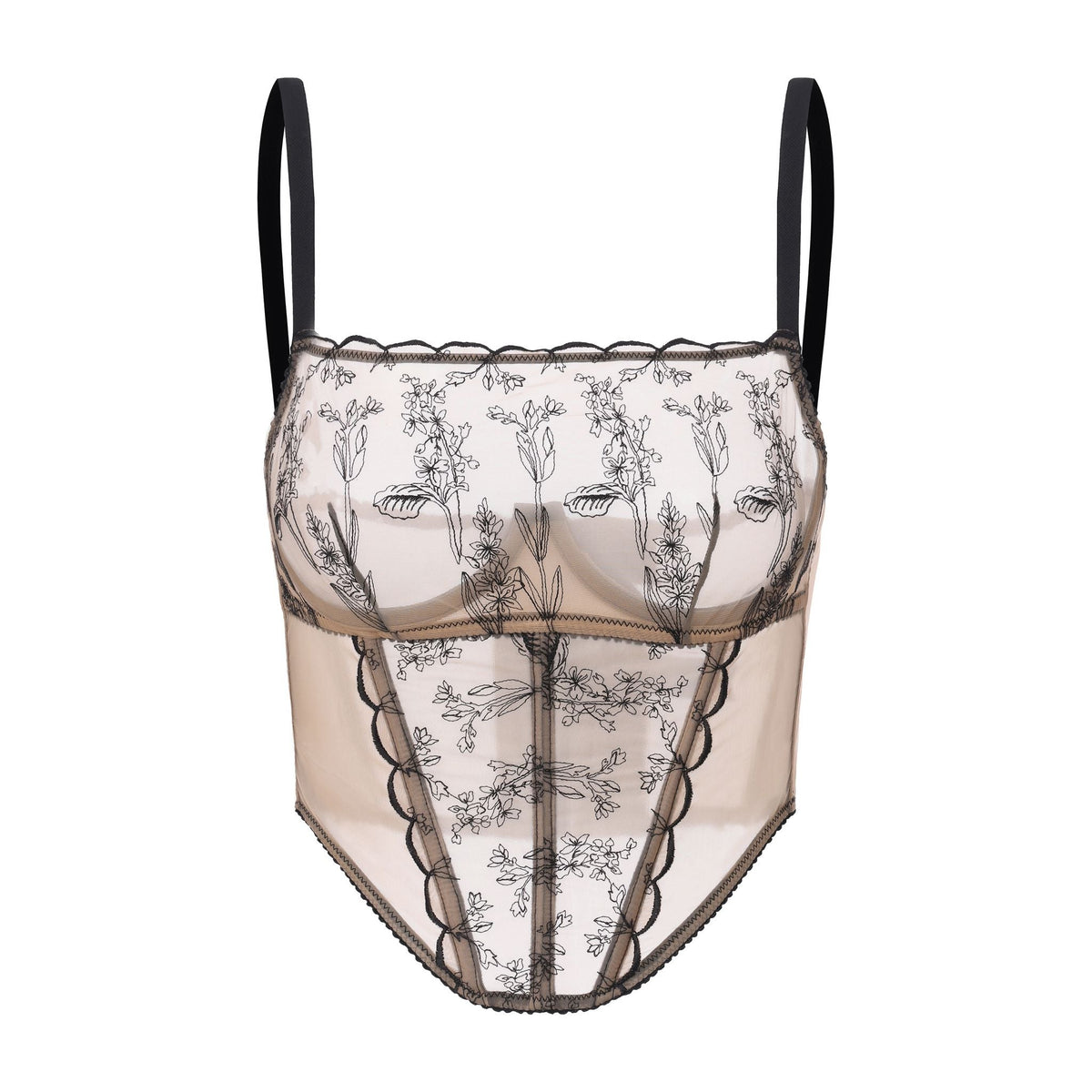 Kim High-Neck Embroidery Bustier in jelly fabric by Amour d'Agnette, featuring intricate embroidery and a fitted design.