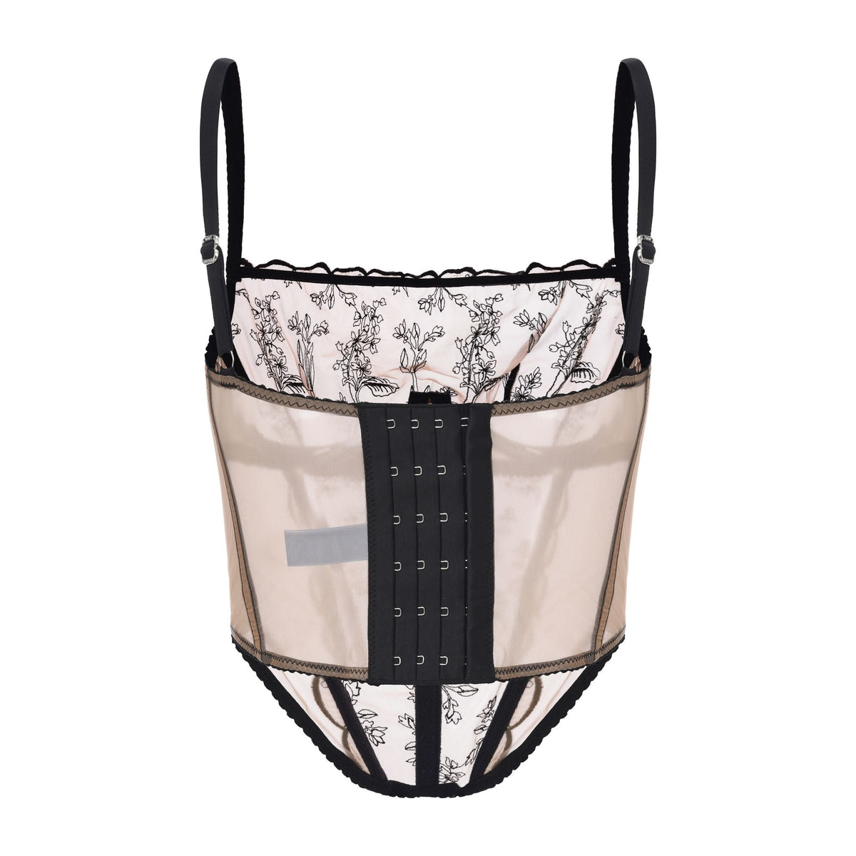 Amour d'Agnette Kim high-neck embroidery bustier on transparent jelly fabric, detailed floral embroidery and fitted design.