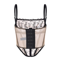 Amour d'Agnette Kim high-neck embroidery bustier on transparent jelly fabric, detailed floral embroidery and fitted design.