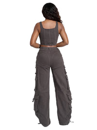 Low-rise twill cargo pant from Apple Bottom Jeans featuring multiple pockets and a relaxed fit, displayed on a hanger.
