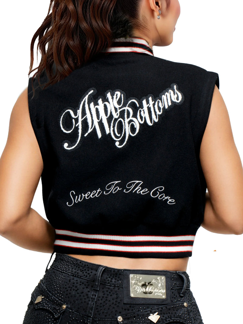 Apple Bottom Jeans varsity jacket vest in XS, featuring a stylish design with ribbed collar and button closure.