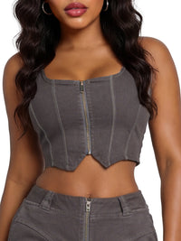 Apple Bottom Jeans stretch twill bustier vest, close-up of fitted sleeveless top with structured design and front button details.