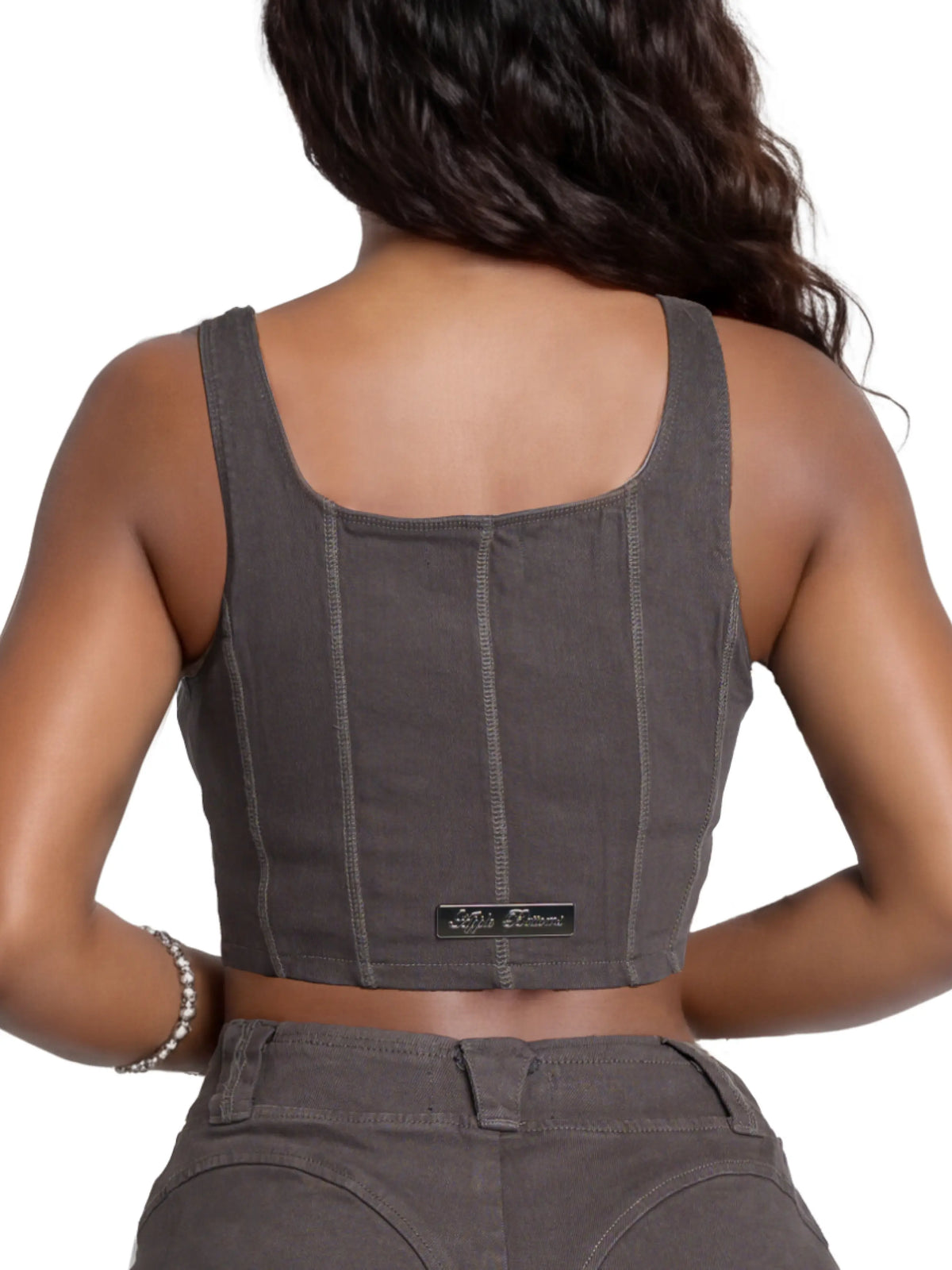 Apple Bottom Jeans stretch twill bustier vest, front view showing fitted design and sleeveless style, perfect for trendy tops.