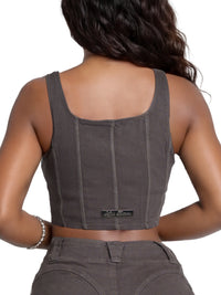Apple Bottom Jeans stretch twill bustier vest, front view showing fitted design and sleeveless style, perfect for trendy tops.