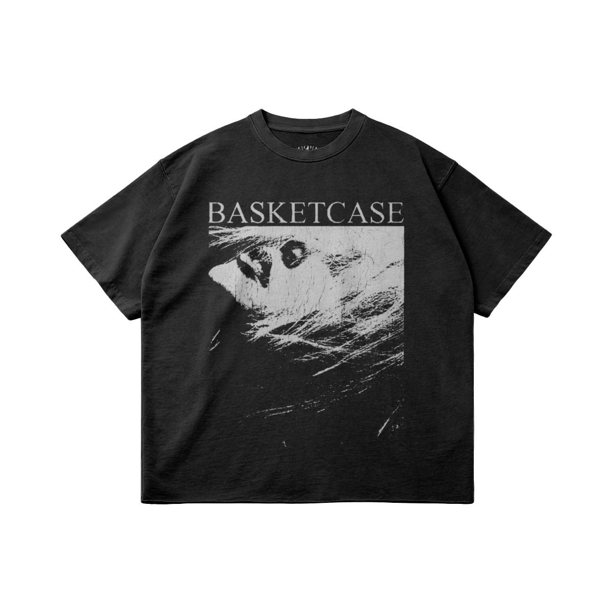 Black Basketcase T-shirt by ArnukiClothing featuring raw hem, distressed edges, and a casual streetwear style in 260GSM cotton.