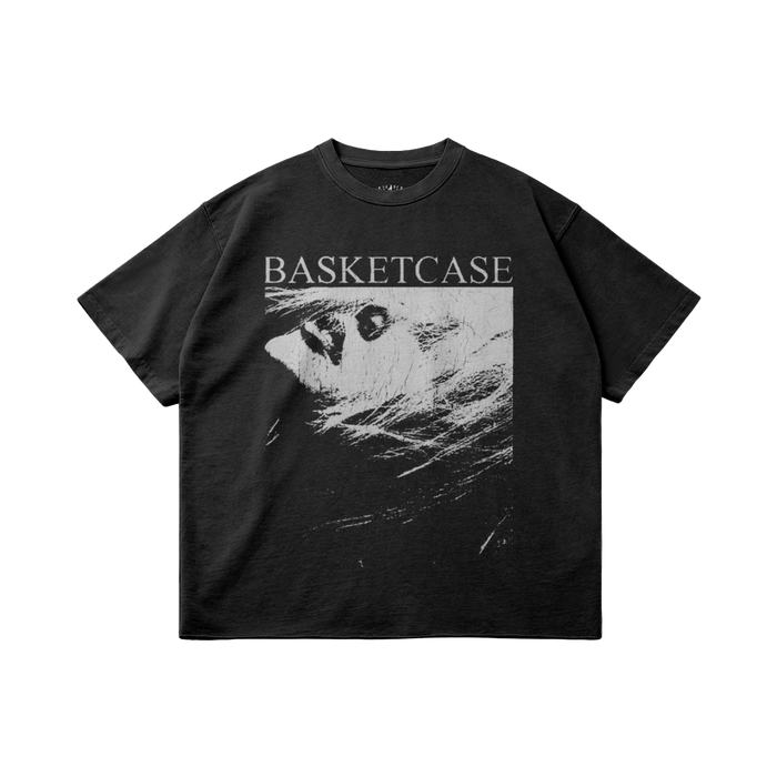 Black Basketcase T-shirt by ArnukiClothing featuring raw hem, distressed edges, and a casual streetwear style in 260GSM cotton.