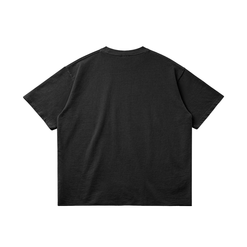Black Basketcase T-shirt by ArnukiClothing with raw hem, garment dyed cotton, edgy faded hem, streetwear style, 260GSM fabric.