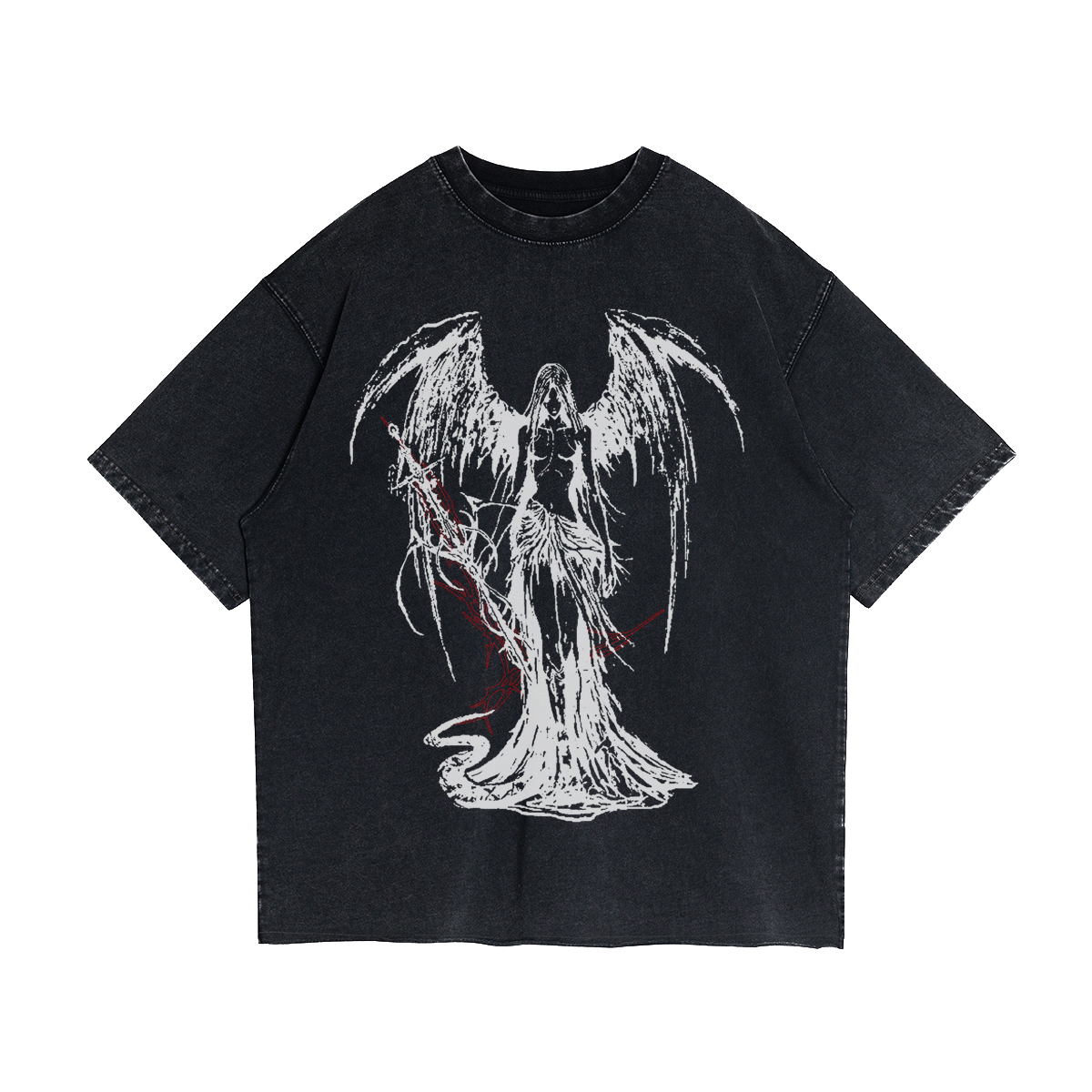 Black Fallen Angel streetwear T-shirt by ArnukiClothing with garment-dyed cotton, faded raw hem, and distressed design details.