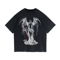 Black Fallen Angel streetwear T-shirt by ArnukiClothing with garment-dyed cotton, faded raw hem, and distressed design details.
