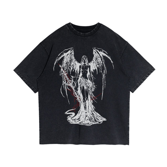 Black Fallen Angel streetwear T-shirt by ArnukiClothing with garment-dyed cotton, faded raw hem, and distressed design details.