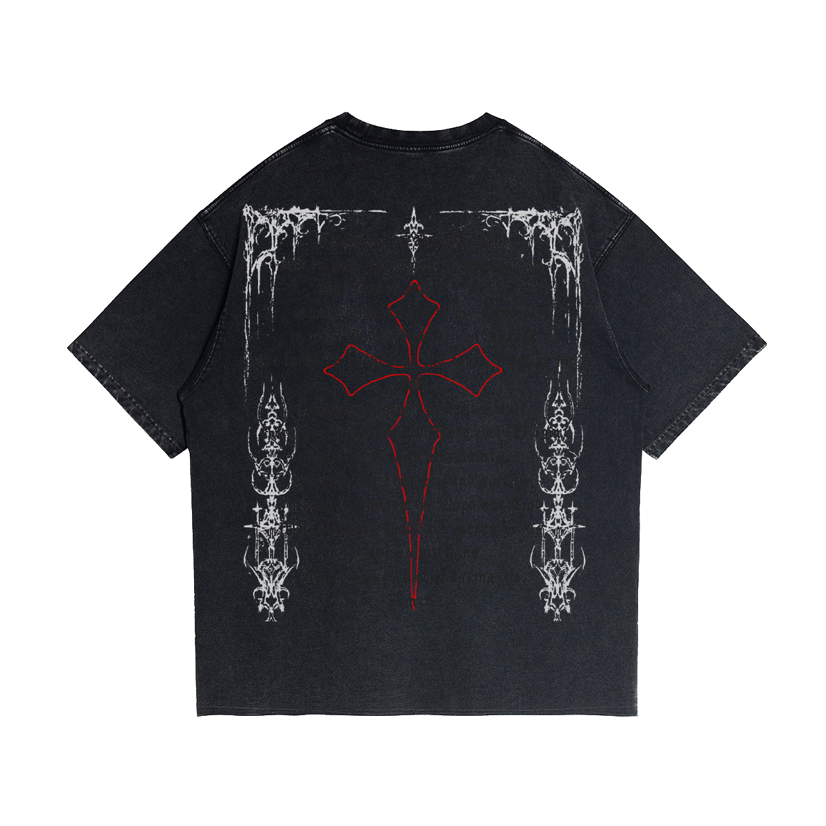 Black Fallen Angel streetwear T-shirt by ArnukiClothing with garment-dyed cotton, faded raw hem, and corrupted angel graphic on back.