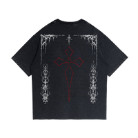 Black Fallen Angel streetwear T-shirt by ArnukiClothing with garment-dyed cotton, faded raw hem, and corrupted angel graphic on back.