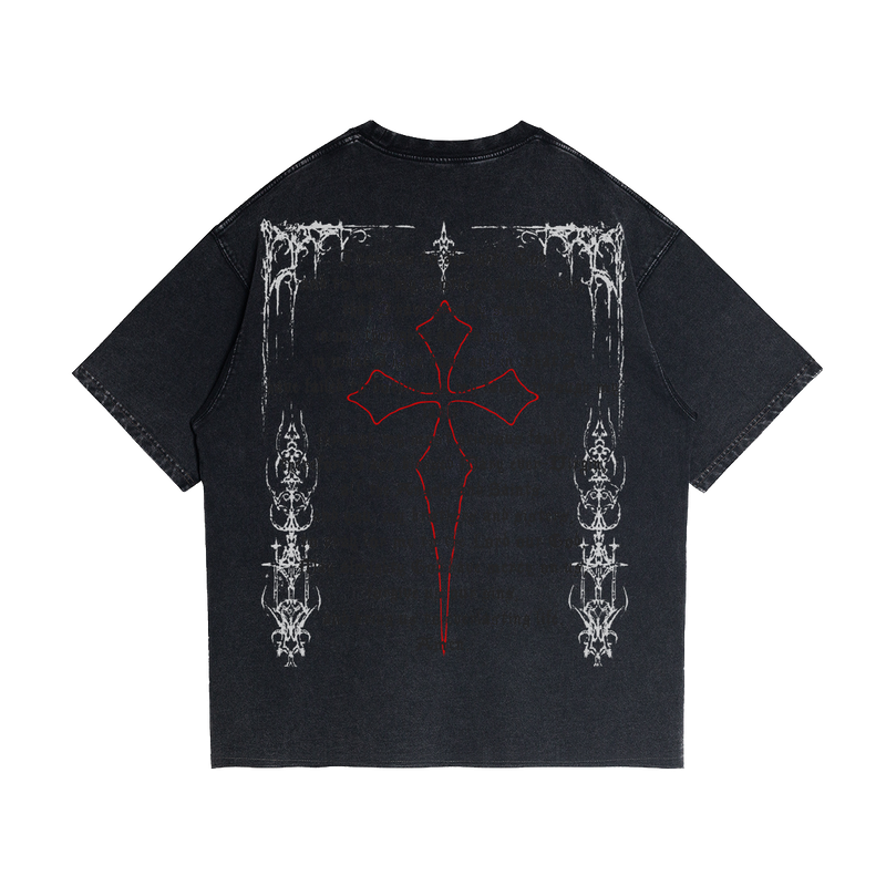 Black Fallen Angel streetwear T-shirt by ArnukiClothing with garment-dyed cotton, faded raw hem, and corrupted angel graphic on back.