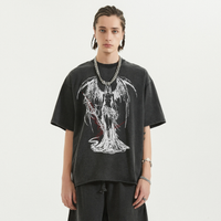 Black Fallen Angel streetwear T-shirt by ArnukiClothing featuring garment-dyed cotton, 260GSM fabric, and a faded raw hem.