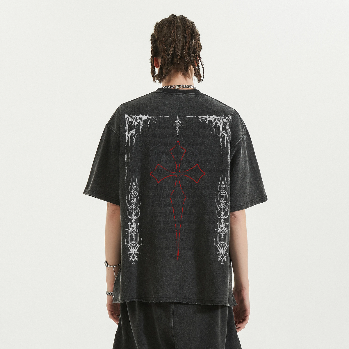 Back view of ArnukiClothing Fallen Angel Garment Dyed Streetwear T-shirt in black cotton with faded raw hem and distressed details.