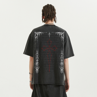 Back view of ArnukiClothing Fallen Angel Garment Dyed Streetwear T-shirt in black cotton with faded raw hem and distressed details.